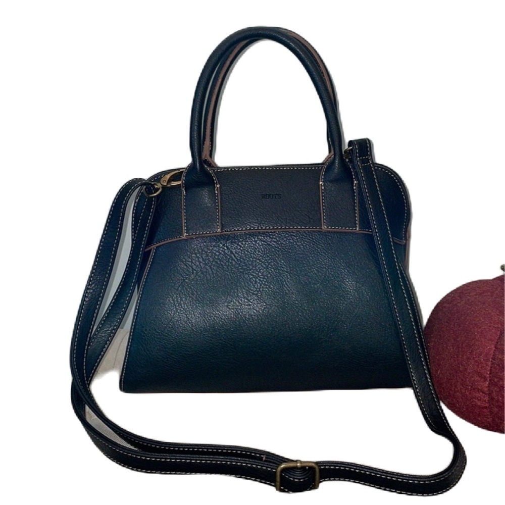 Roots Cross body bag, Faux Vegan Leather Black with Brown Trim EUC - Picture 3 of 16